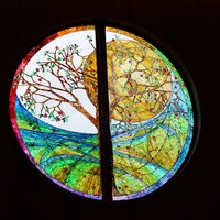 Photograph of big round window in the sanctuary